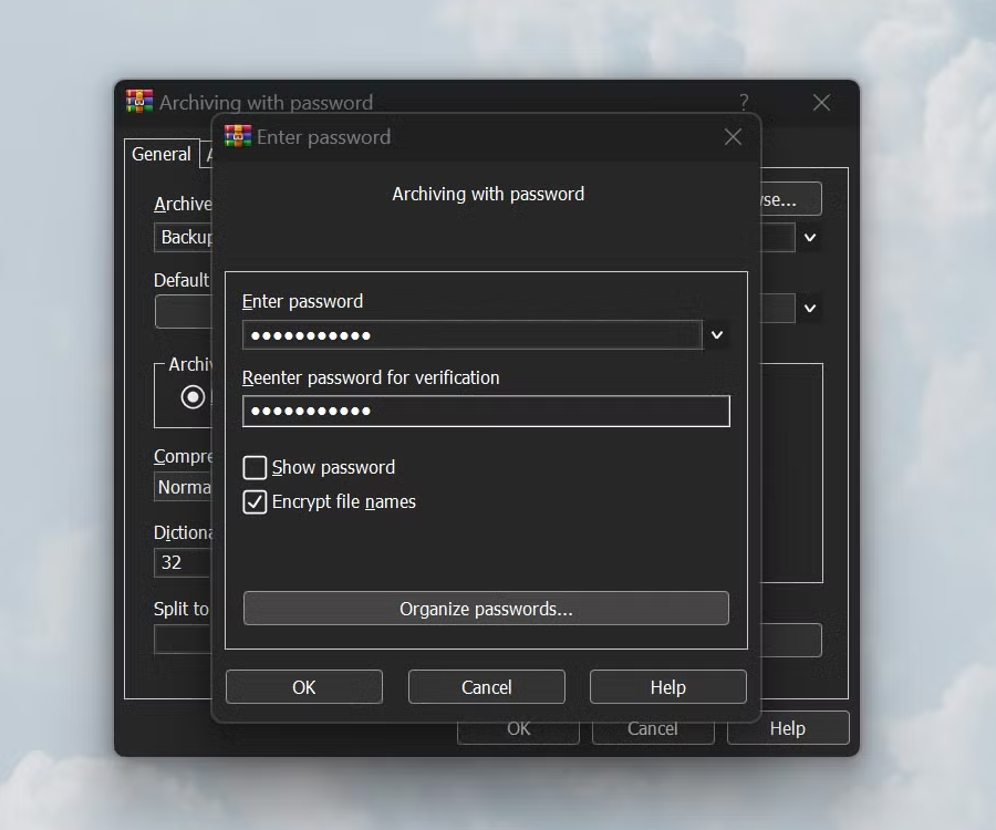 encrypting rar archive before backing up data