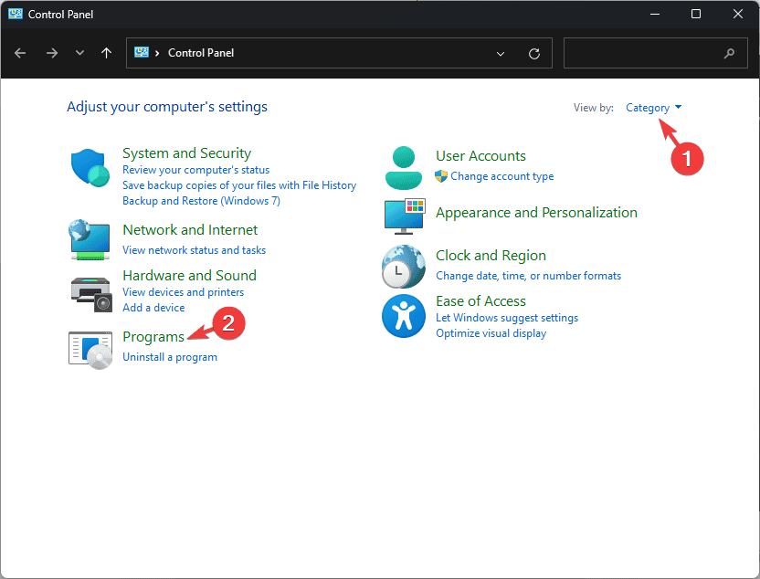Раздел Программы в Панели управления