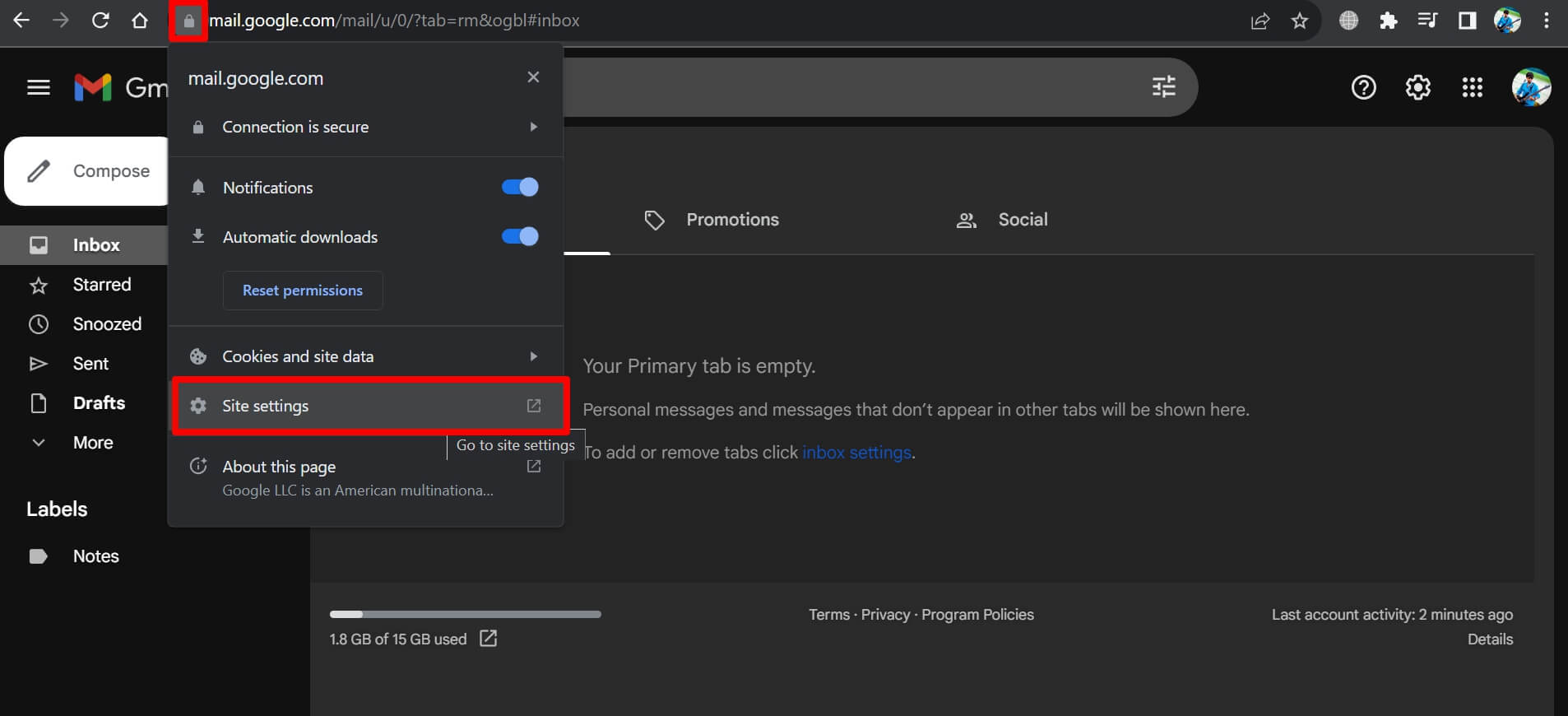 Меню настроек сайта в адресной строке браузера для Gmail