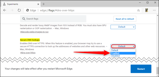 Параметр Secure DNS Lookups в Microsoft Edge для включения DoH