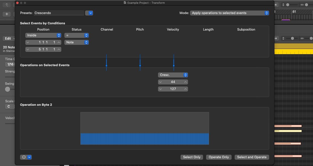 Окно MIDI Transform в Logic Pro X