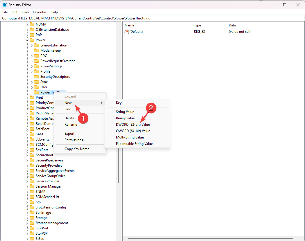 Создание DWORD для управления Power Throttling