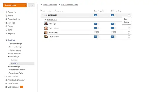 Настройка параметров виртуального номера: исходящие, запись, операторы