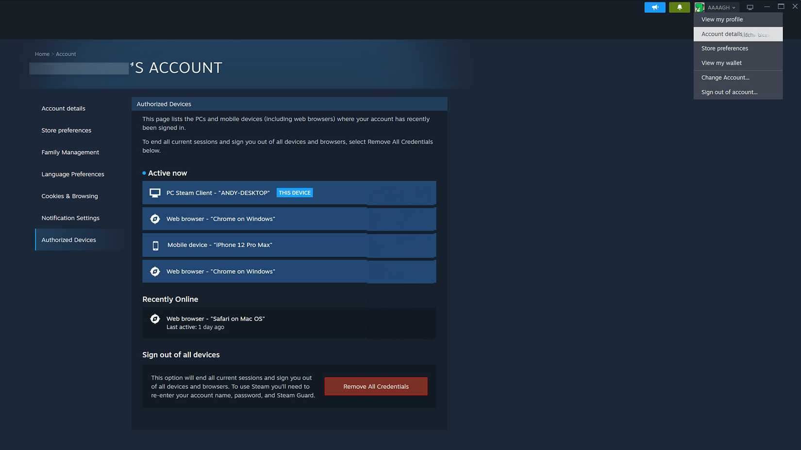 Навигация к разделу «Авторизованные устройства» в Steam.