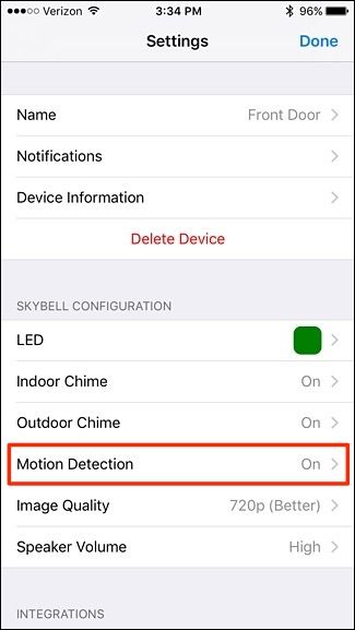 Экран настроек с выделенным пунктом Motion Detection