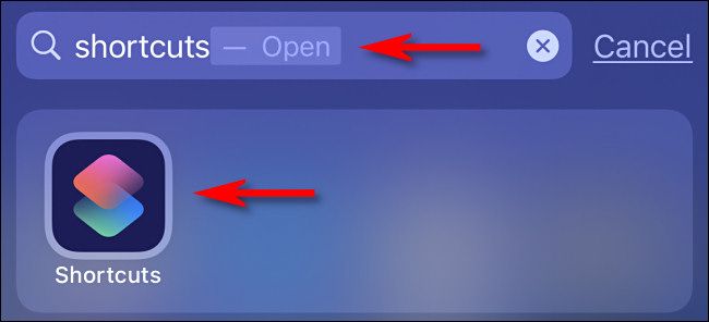 Ввод «shortcuts» в поиске Spotlight и выбор иконки приложения Shortcuts