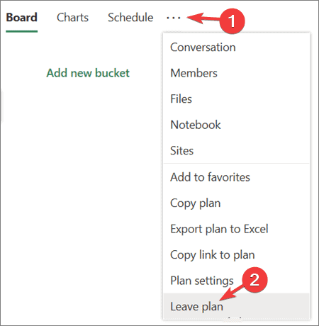 Меню плана — выйти из плана в Microsoft Planner