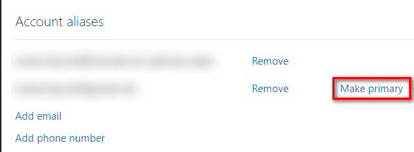 Кнопка «Сделать основным» рядом с алиасом в списке