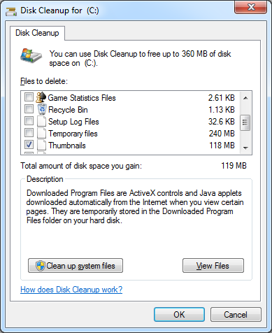 Диалог Disk Cleanup: выбор категорий для удаления
