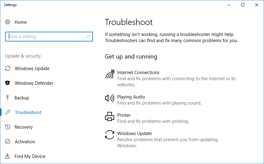 Окно устранения неполадок в настройках Windows