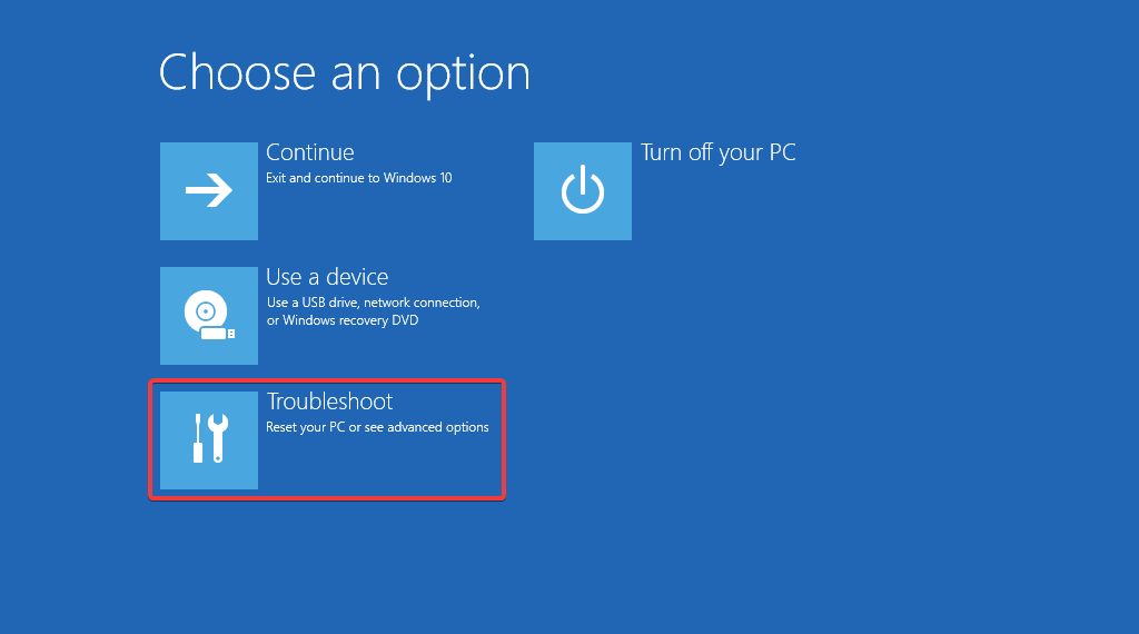 Выбор Troubleshoot в среде восстановления Windows