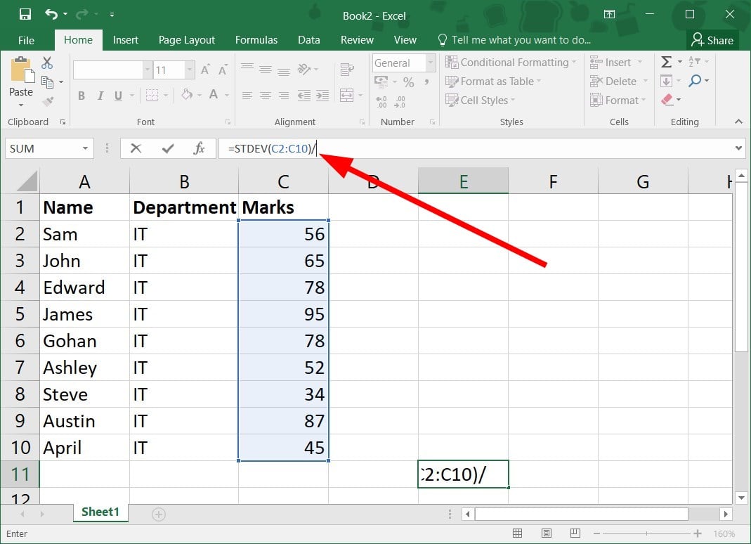Деление результата STDEV на корень