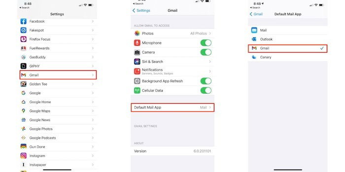 Экран настроек почты в iOS 14 — выбор приложения по умолчанию