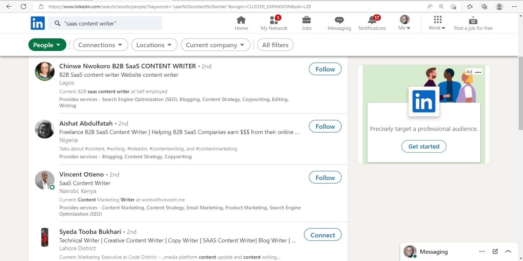 Поиск в кавычках на LinkedIn — пример точной фразы