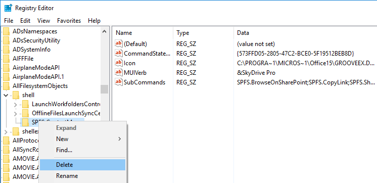 Eliminazione della chiave SPFS.ContextMenu dal Registro