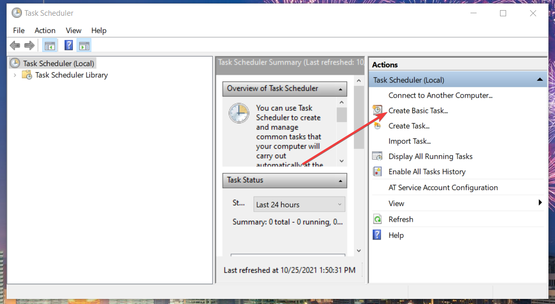 Опция Create Basic Task в Планировщике заданий Windows