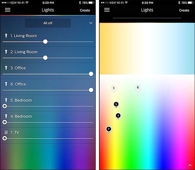 Перетаскивание пинов ламп для группировки в приложении Hue