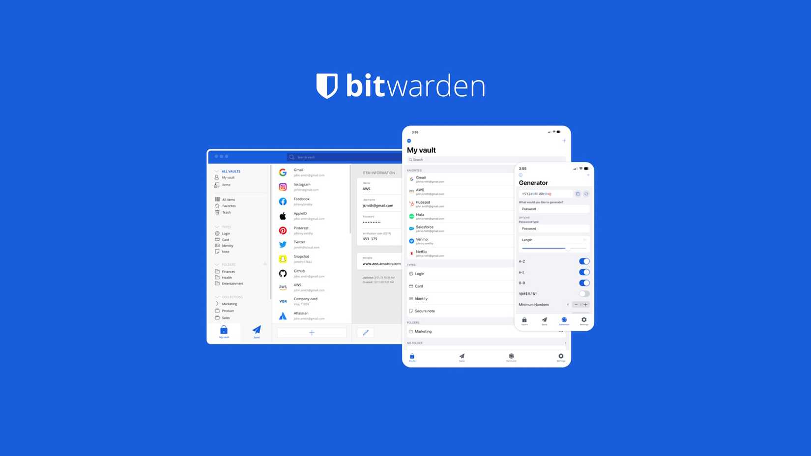 Интерфейс Bitwarden на нескольких устройствах: десктоп, планшет и телефон на синем фоне.