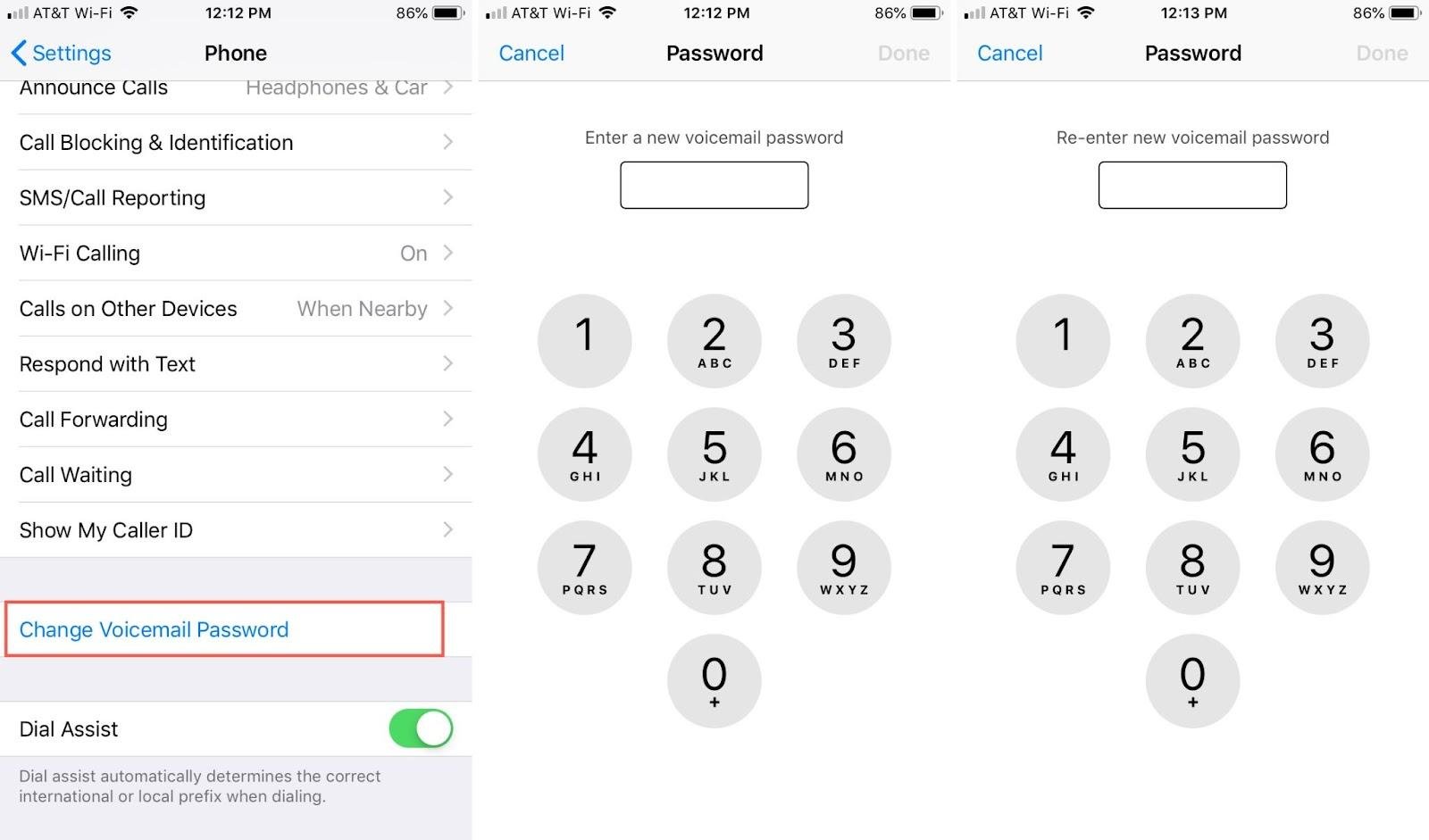 Экран смены пароля голосовой почты на iPhone