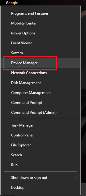 Меню кнопки Пуск с выбором Диспетчера устройств