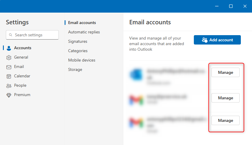 Кнопки Управление в панели настроек Email Accounts в новом Outlook.