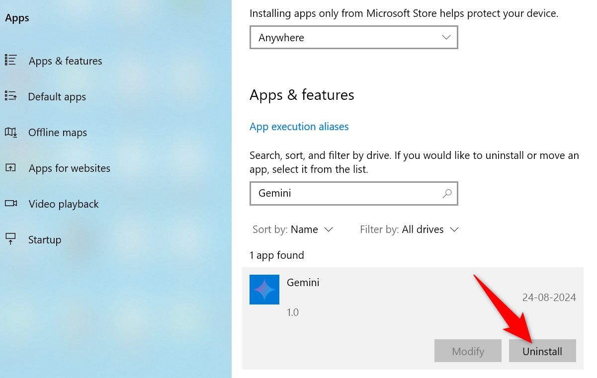 'Uninstall' выделено для Gemini в параметрах Windows 10.