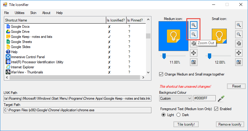 Настройки масштаба значка плитки: кнопки увеличить/уменьшить рядом с параметрами размера