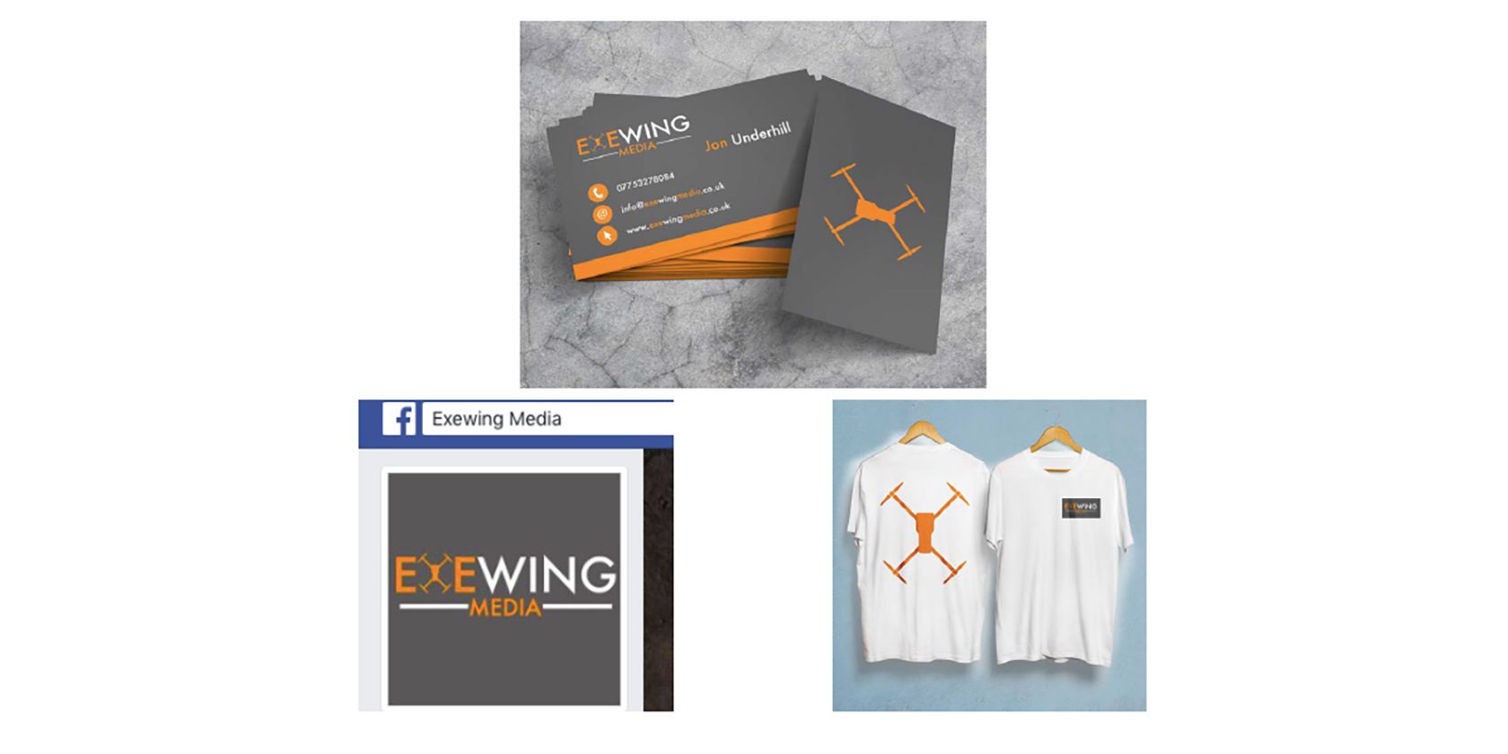 Мокапы визиток, публикаций в Facebook и мерча.