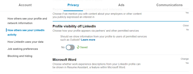 Настройка видимости профиля вне LinkedIn — переключатель
