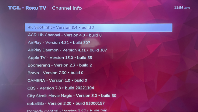 Экран с информацией о каналах Roku