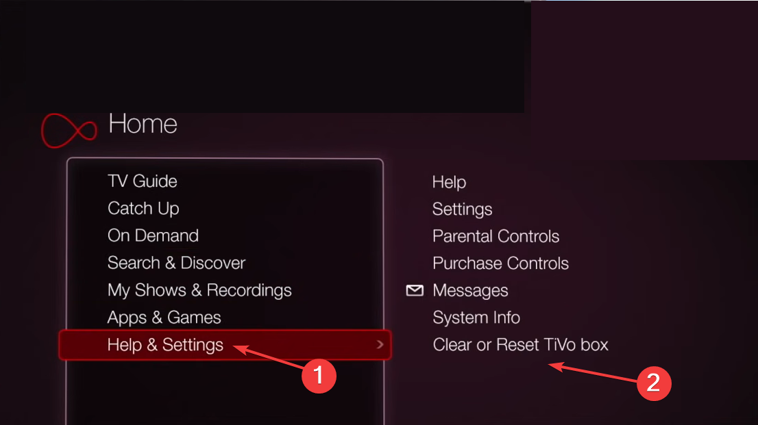 Кнопка сброса TiVo в меню настроек