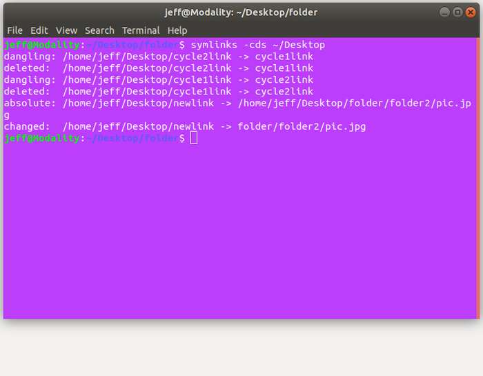 Изображение: демонстрация работы symlinks с опциями -c -d -s