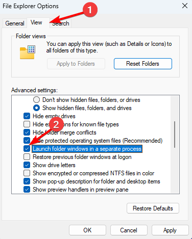 Окно параметров Проводника с опцией запускать окна папок в отдельном процессе