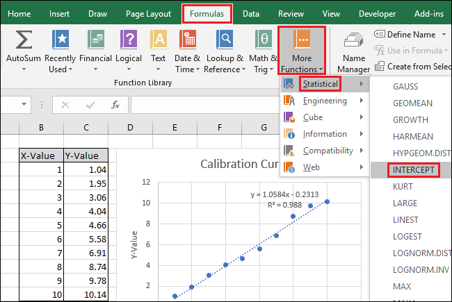 navigate to Formulas > More Functions > Statistical > INTERCEPT