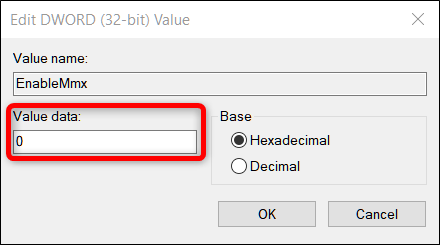 Установить значение EnableMmx в 0