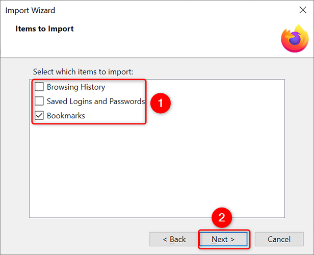 Выберите «Закладки» и нажмите «Далее».