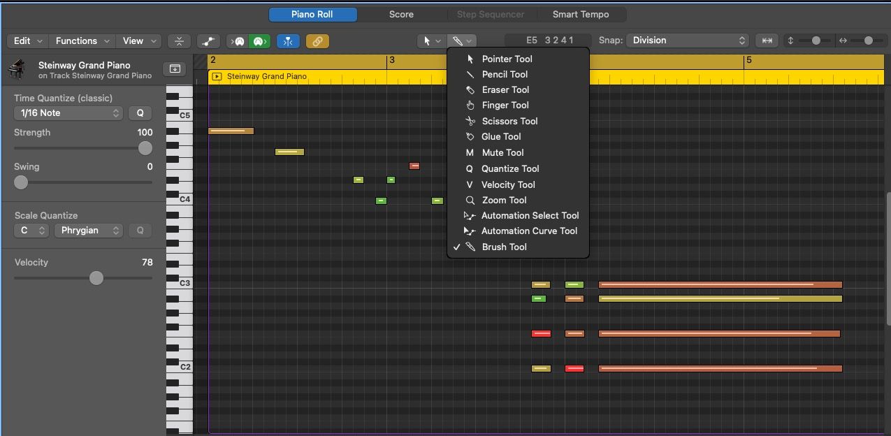 Меню инструментов Piano Roll Editor в Logic Pro X