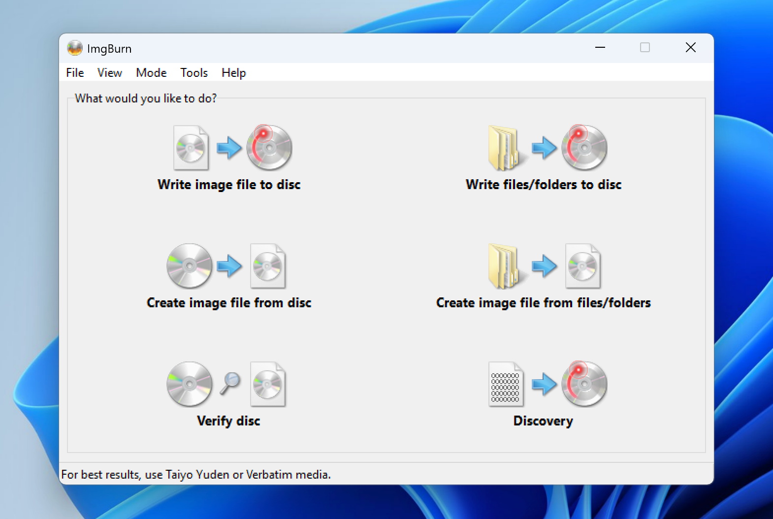 Главное меню ImgBurn
