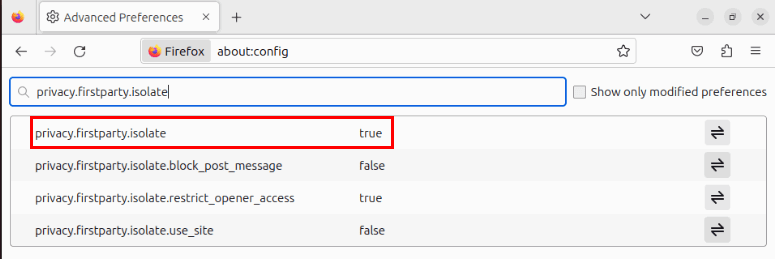 Скриншот изменённого значения firstparty.isolate в Firefox ESR.