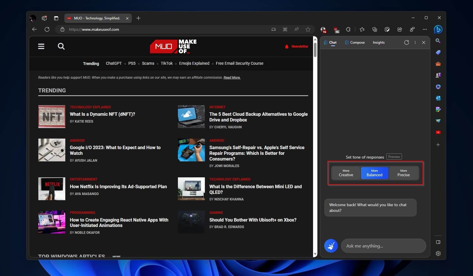 Выбор тона ответа в Bing Sidebar: More Creative, More Precise, More Balanced