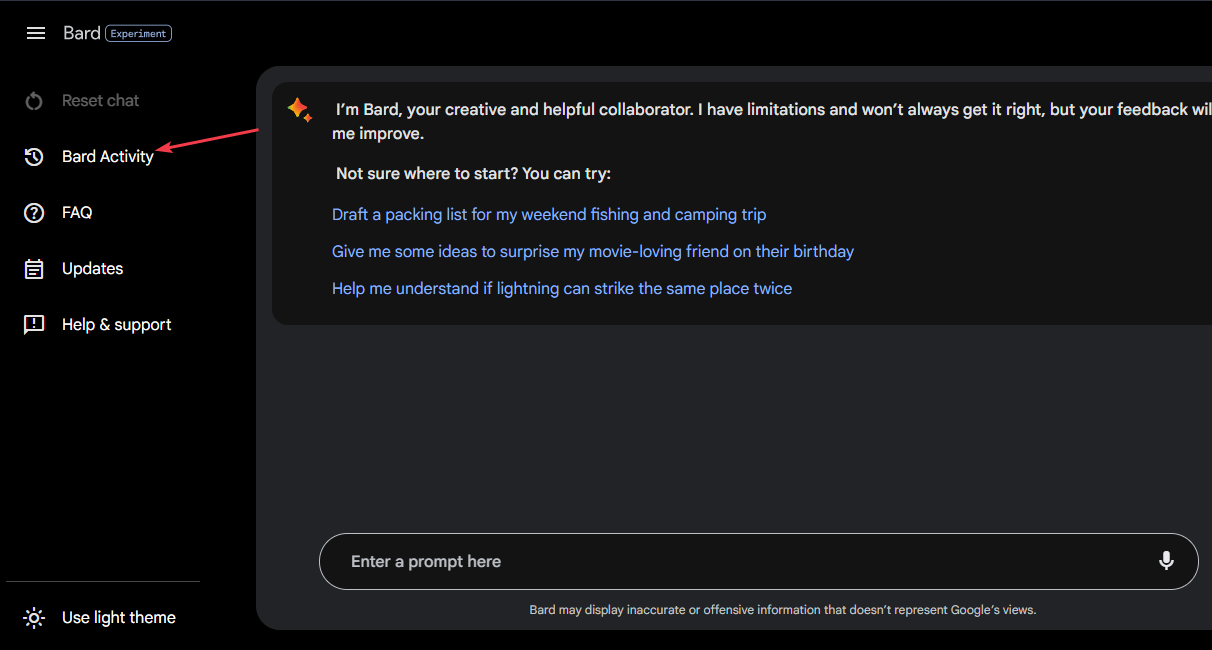 Меню слева на сайте Bard — пункт 'Bard Activity'