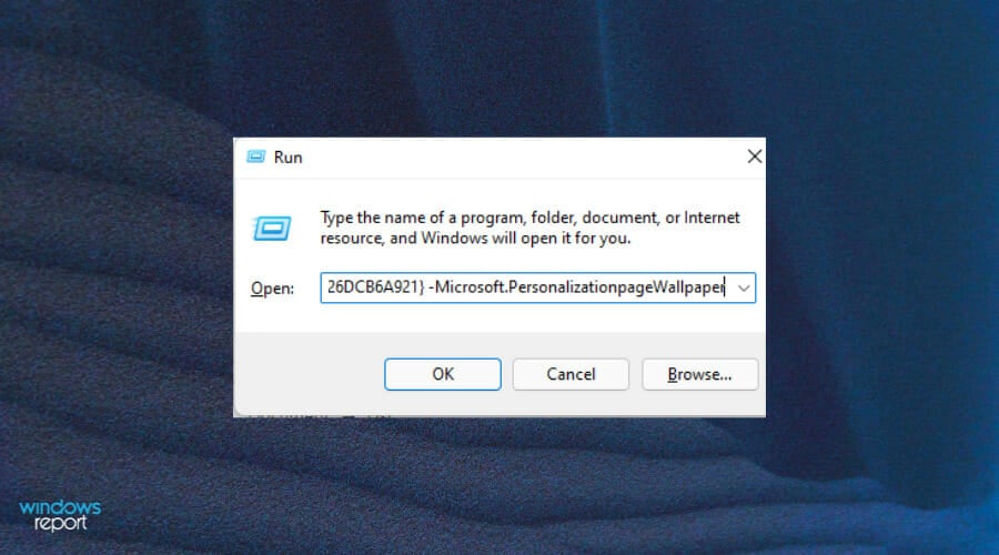 Окно Run с командой для перехода к настройкам фона