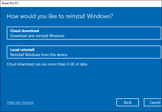 Выбор между Cloud download и Local reinstall в Windows 10