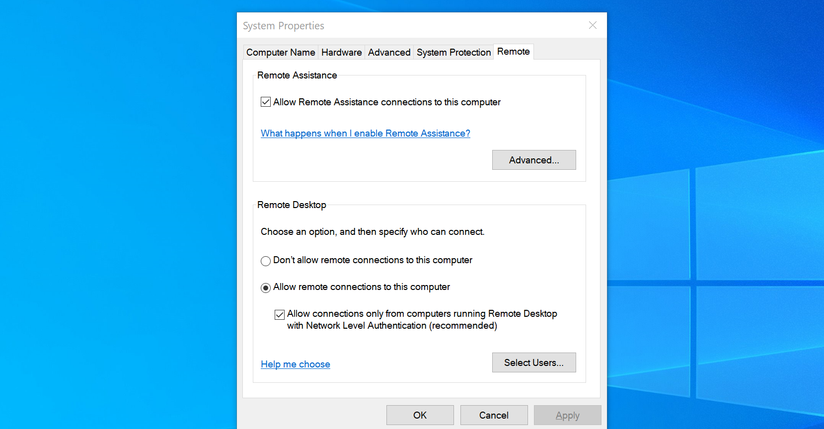 Панель Свойства системы с вкладкой Удалённый доступ.