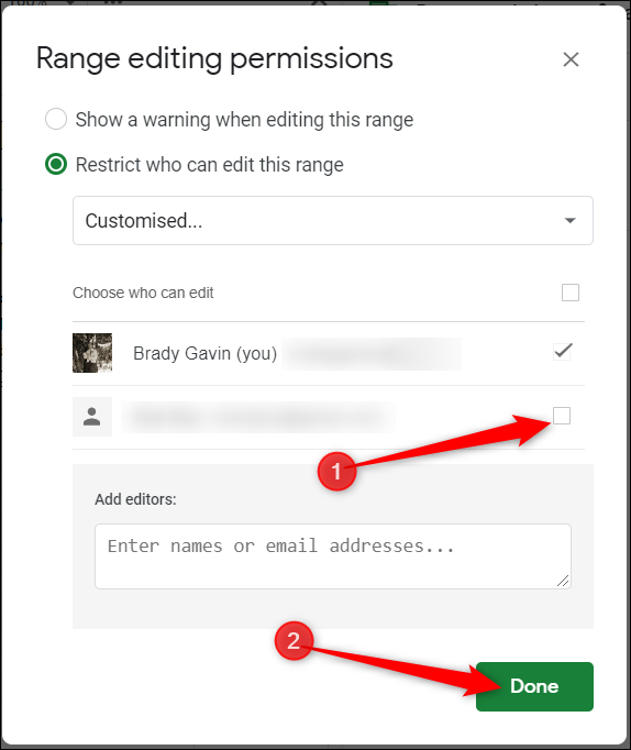 From the people who have access to the sheet, choose who you want to have access, then click Done