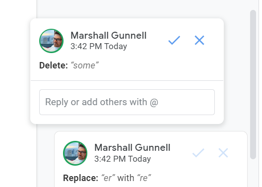Отслеживаемые предложения и кнопки принять/отклонить в Google Docs