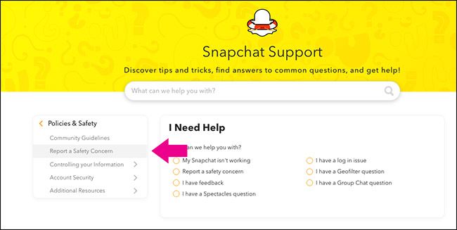 Навигация: выбор Report a Safety Concern на сайте поддержки