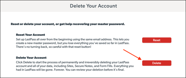 Нажмите Delete на странице удаления аккаунта LastPass