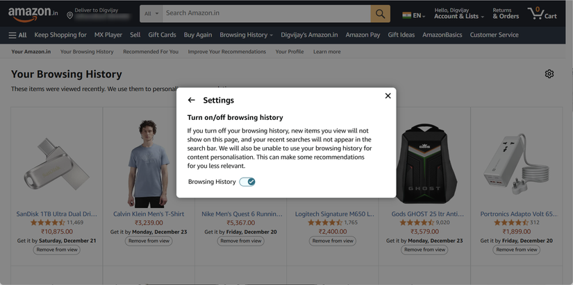 Disabling my Amazon browsing history
