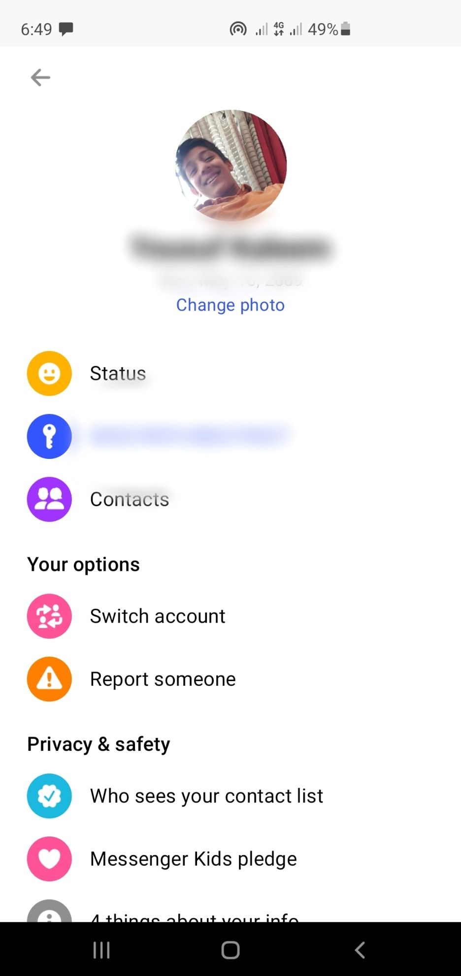 Кнопка изменить фото профиля в Messenger Kids